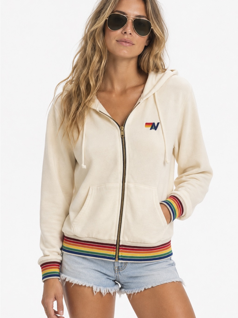Aviator Nation Cream Zip Hoodie with Rainbow Trim